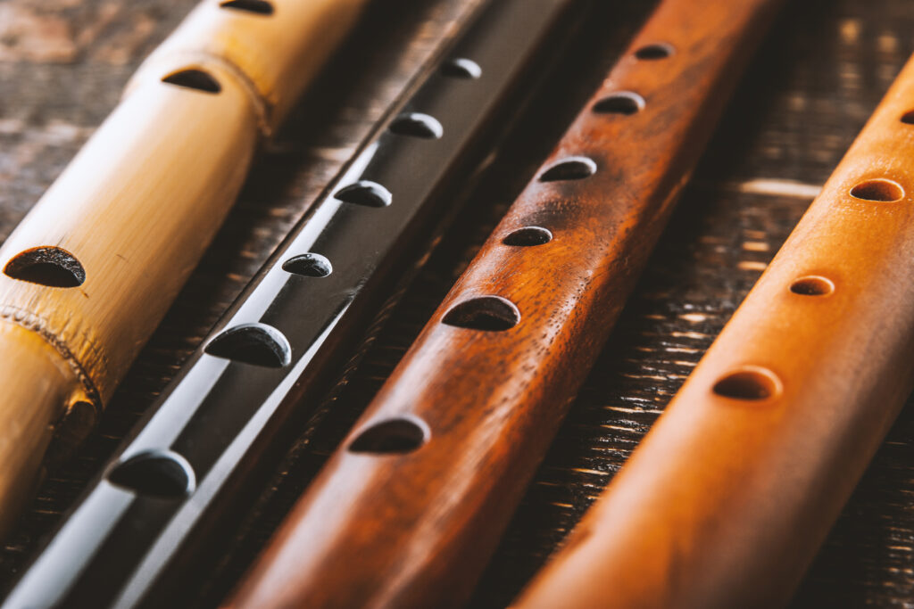 Set of flutes on the wooden table horizontal